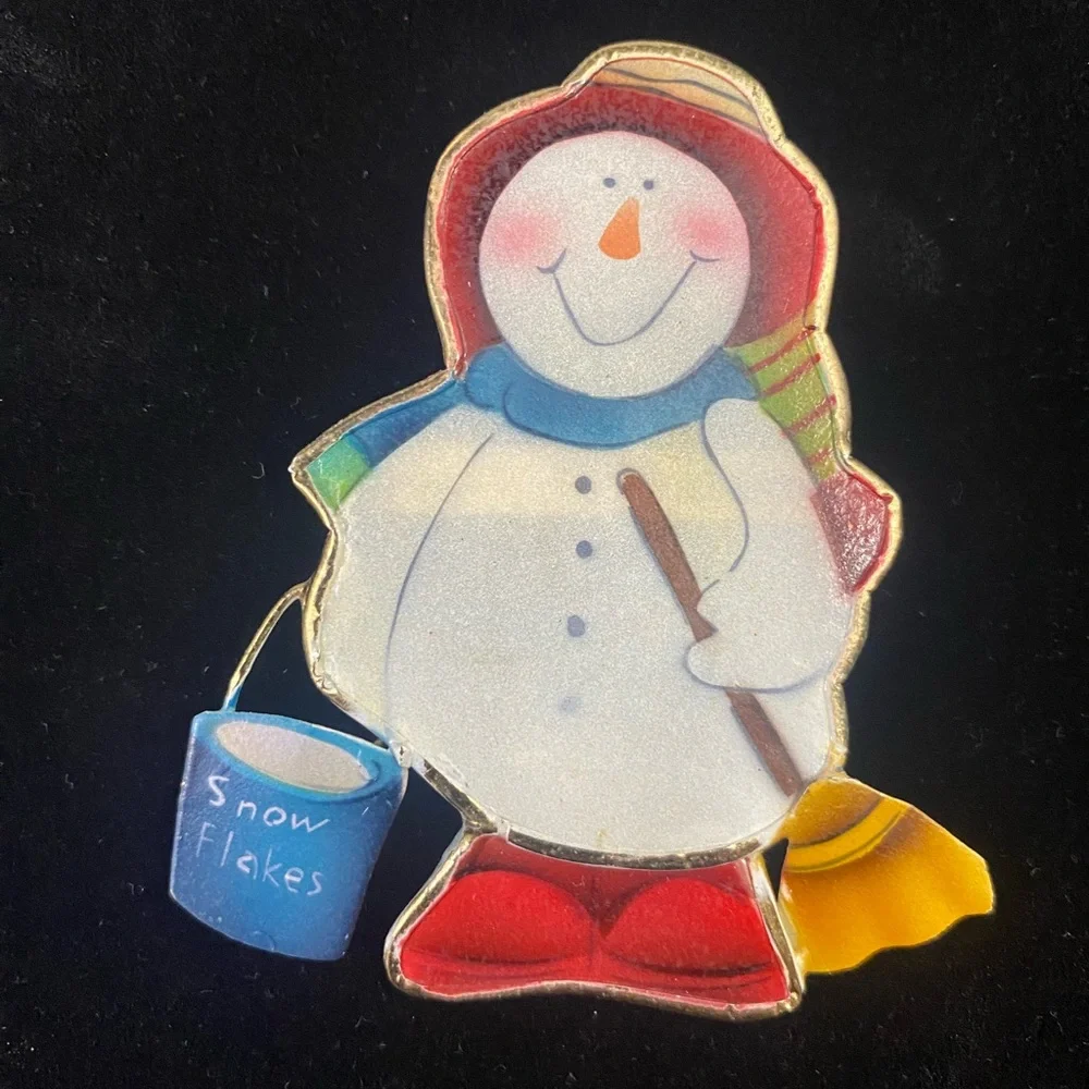 Vintage Snowman Pin Brooch Hand Painted Capiz Shell Gold Tone Christmas